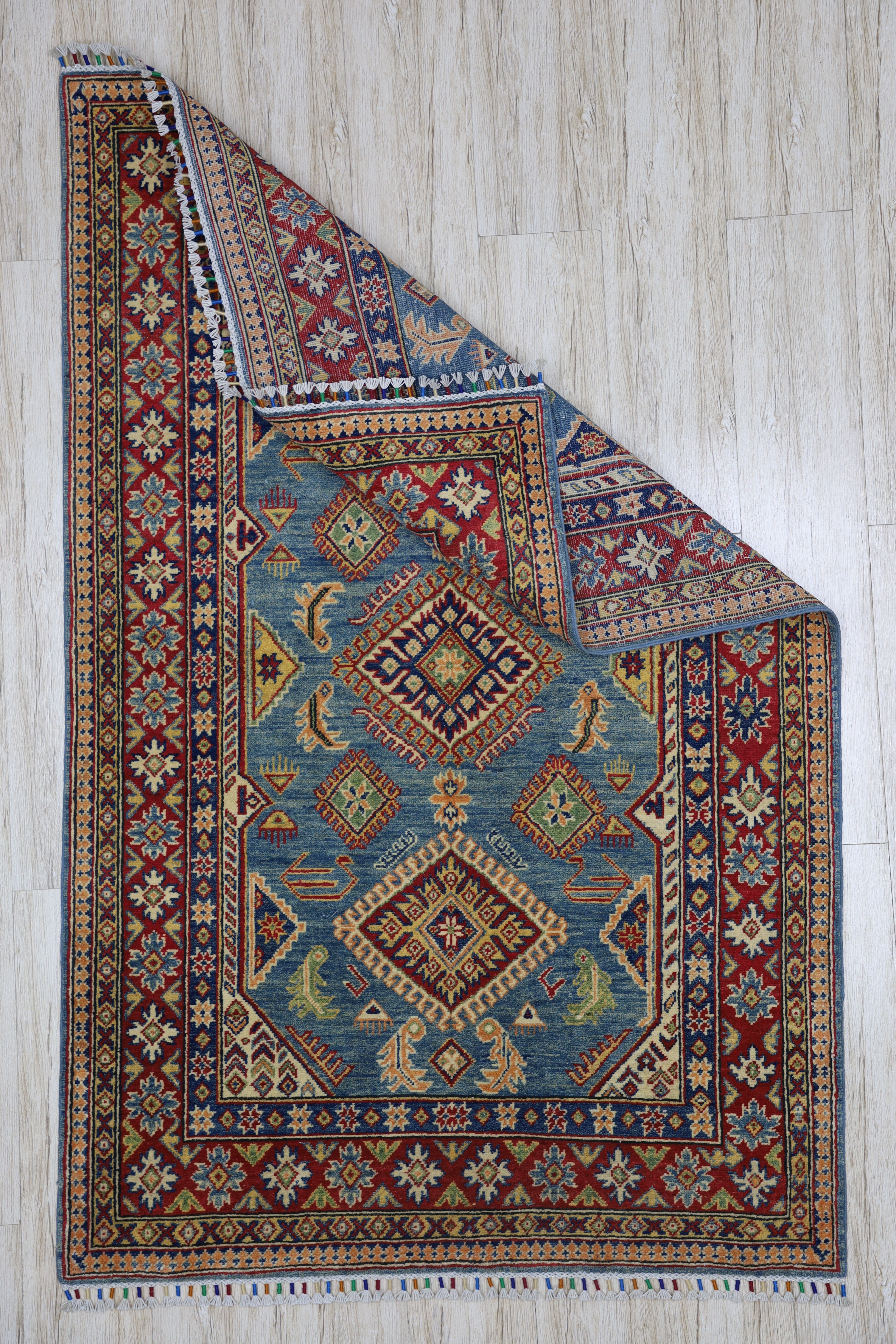 Hand-Knotted Afghani Kazak Wool Rug – 4’0″ x 6’1″