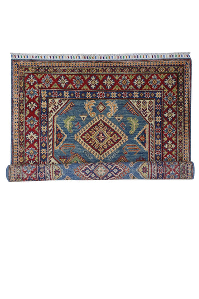 Hand-Knotted Afghani Kazak Wool Rug – 4’0″ x 6’1″