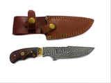 Damascus steel fixed blade hunting knife with detailed wavy patterned blade, walnut and stag horn handle featuring brass rivets, alongside a brown leather sheath with brass snaps.
