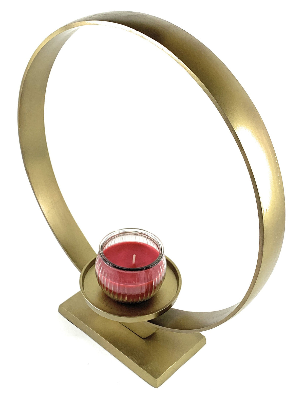 Circular golden metal candle holder with a flat base and a small platform holding a pink ribbed glass candle in the center of the ring.