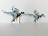 Two clear acrylic mallard duck sculptures in flight with colorful painted details, displayed against a white wall on a white surface.