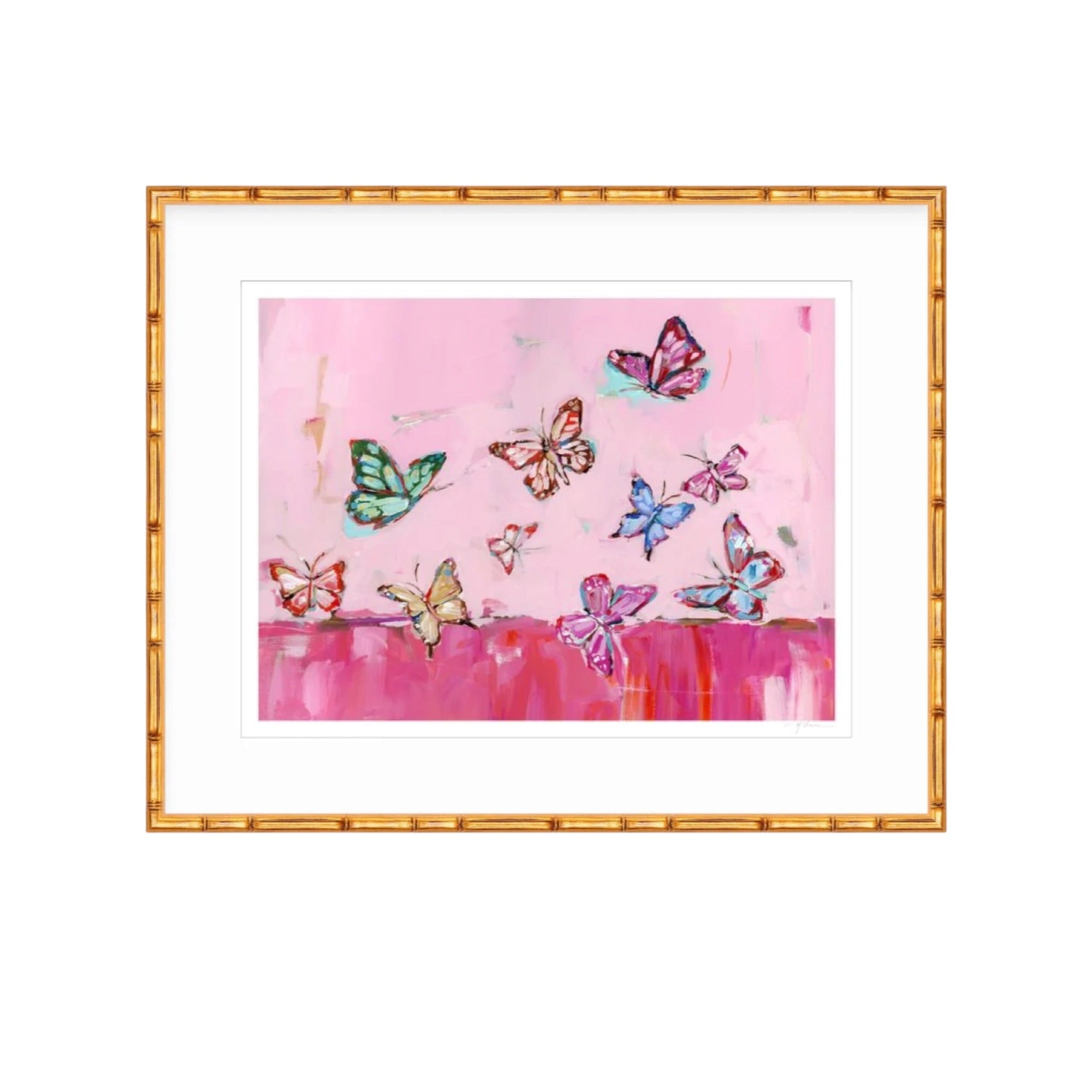 Butterfly Wishes Hot Pink Fine Art Print showing vibrant pink butterfly artwork with artist signature in lower right corner