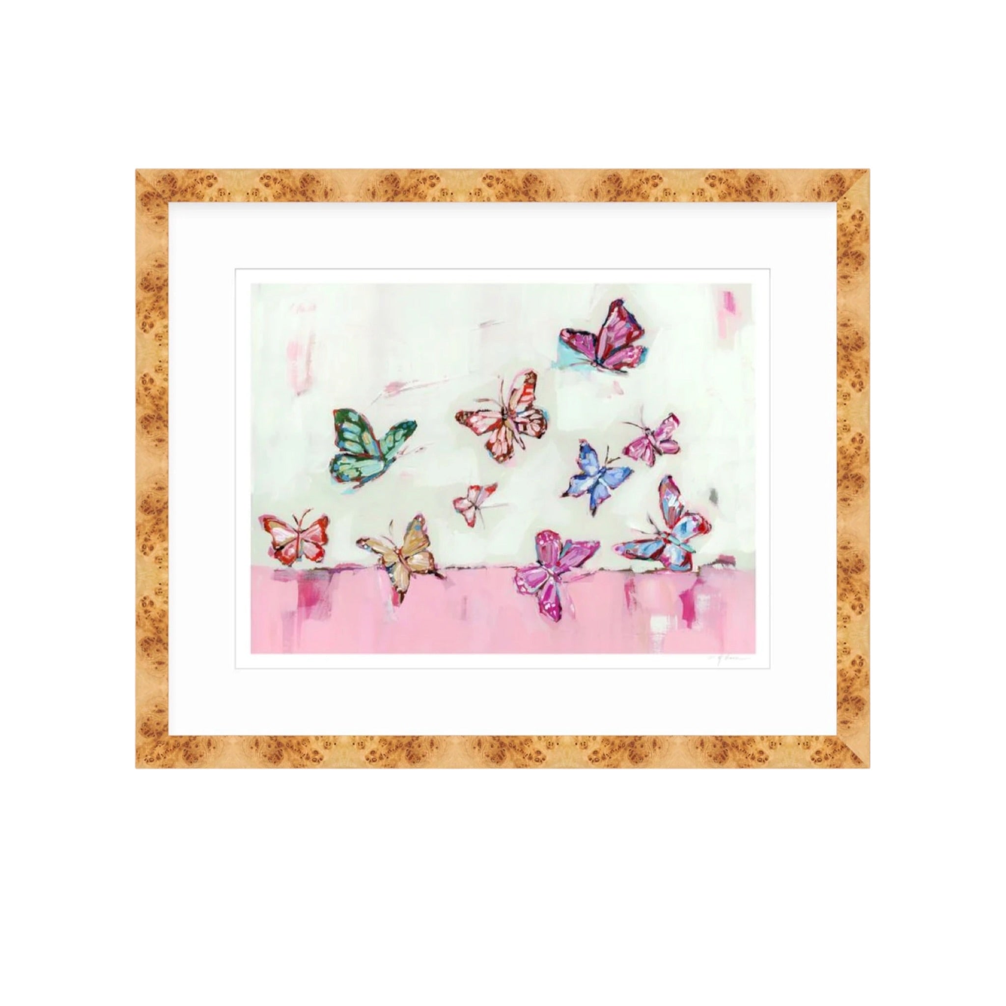 Butterfly Wishes Light Pink Fine Art Print by Chelsea McShane Art displayed with soft pink butterfly design