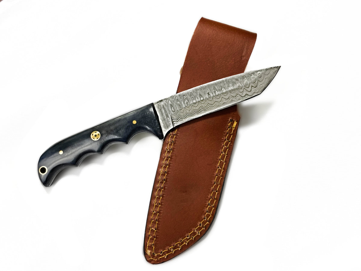 TD-010 fixed blade knife with Damascus steel blade and dyed bone handle