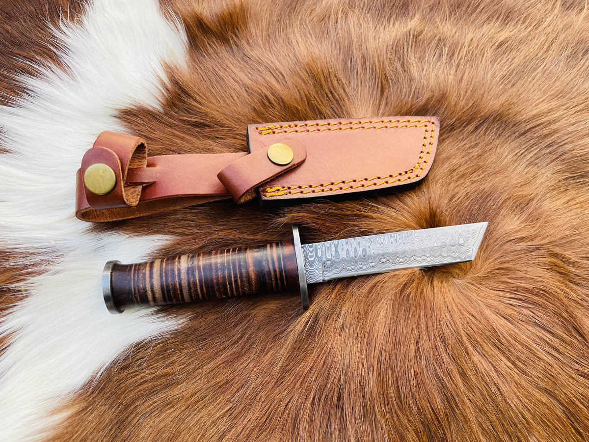 Military Style Tanto knife with high carbon Damascus blade and stacked leather handle