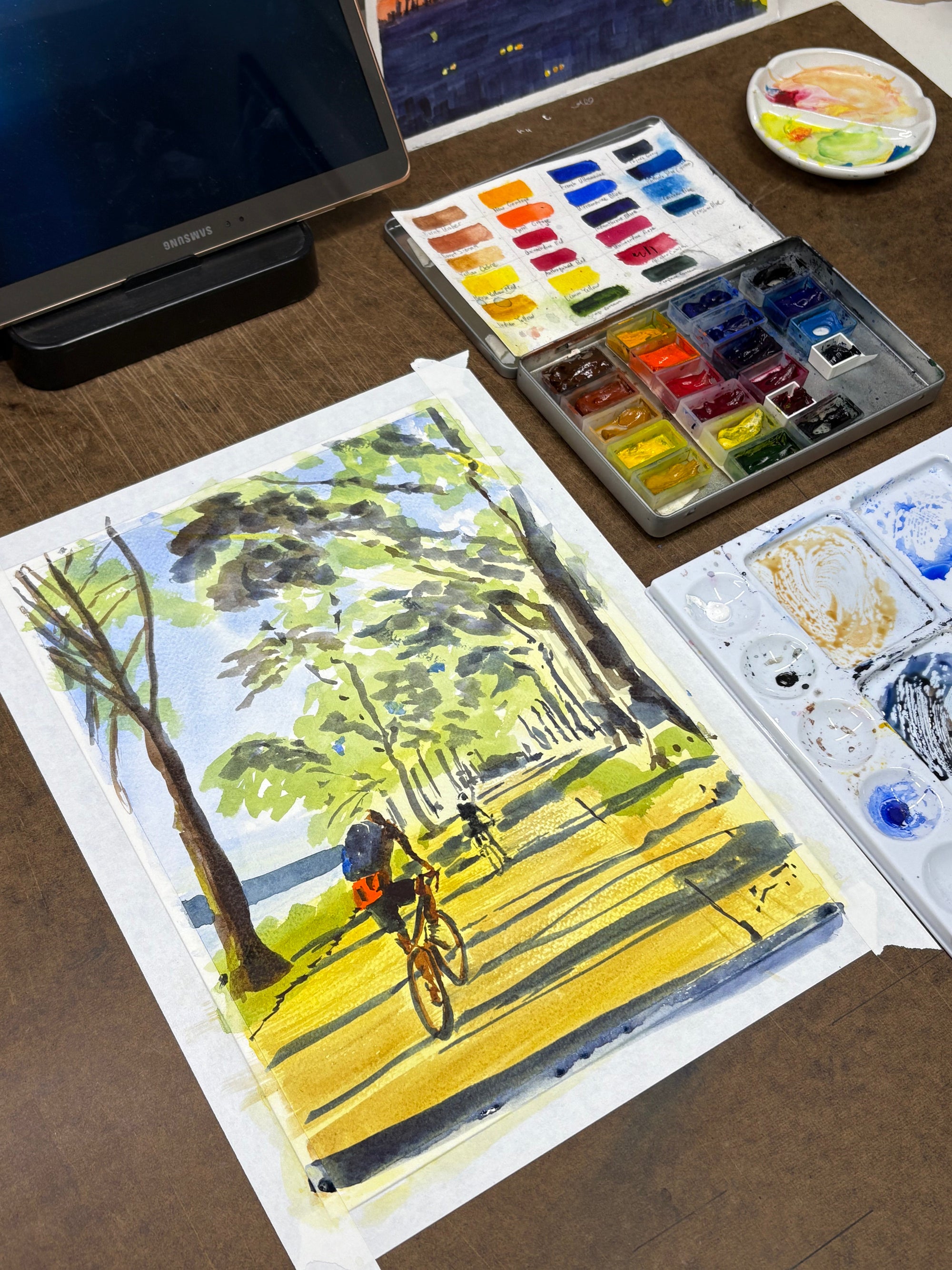 Biking in the Light, Hudson River, bikers, watercolor painting