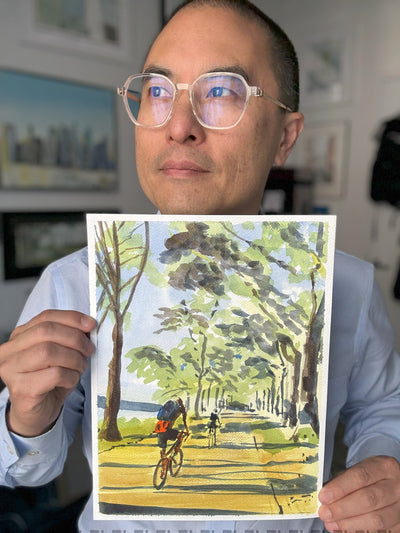 Biking in the Light, Hudson River, bikers, watercolor painting