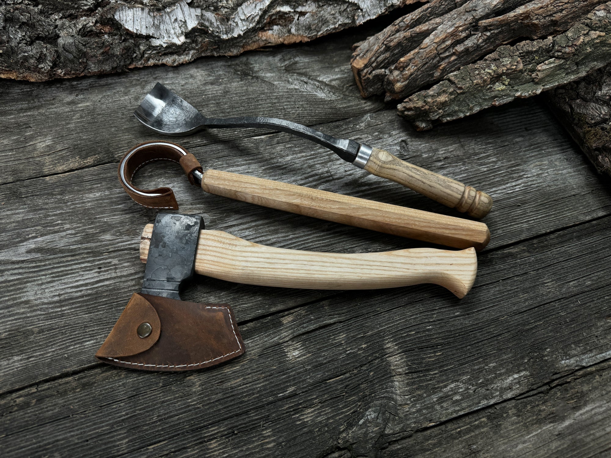 Small Wood Carving Kit WS3 with hand-forged carbon steel blades and ash wood handles
