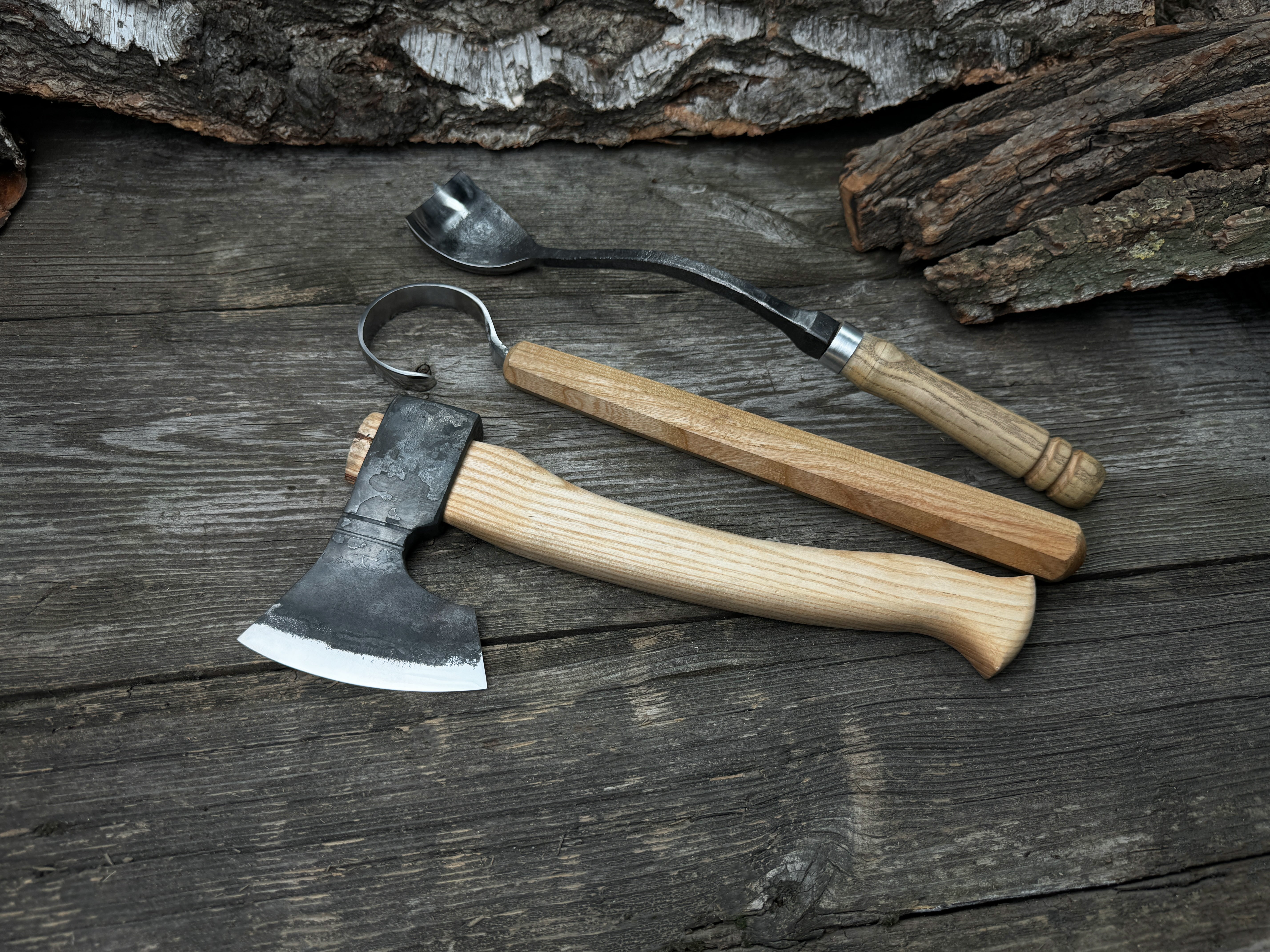 Small Wood Carving Kit WS3 with hand-forged carbon steel blades and ash wood handles