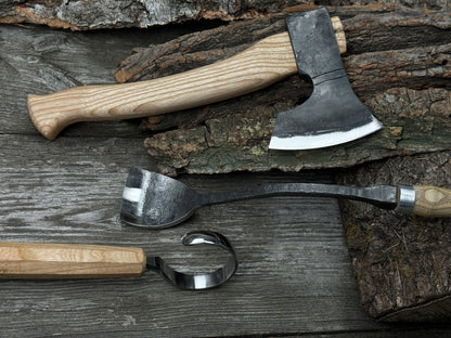 Small Wood Carving Kit WS3 with hand-forged carbon steel blades and ash wood handles