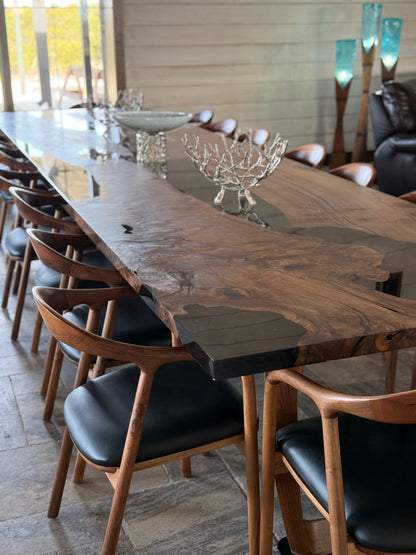 Epoxy Resin River Dining Table with Walnut Wood Legs showcasing natural wood and vibrant resin river design