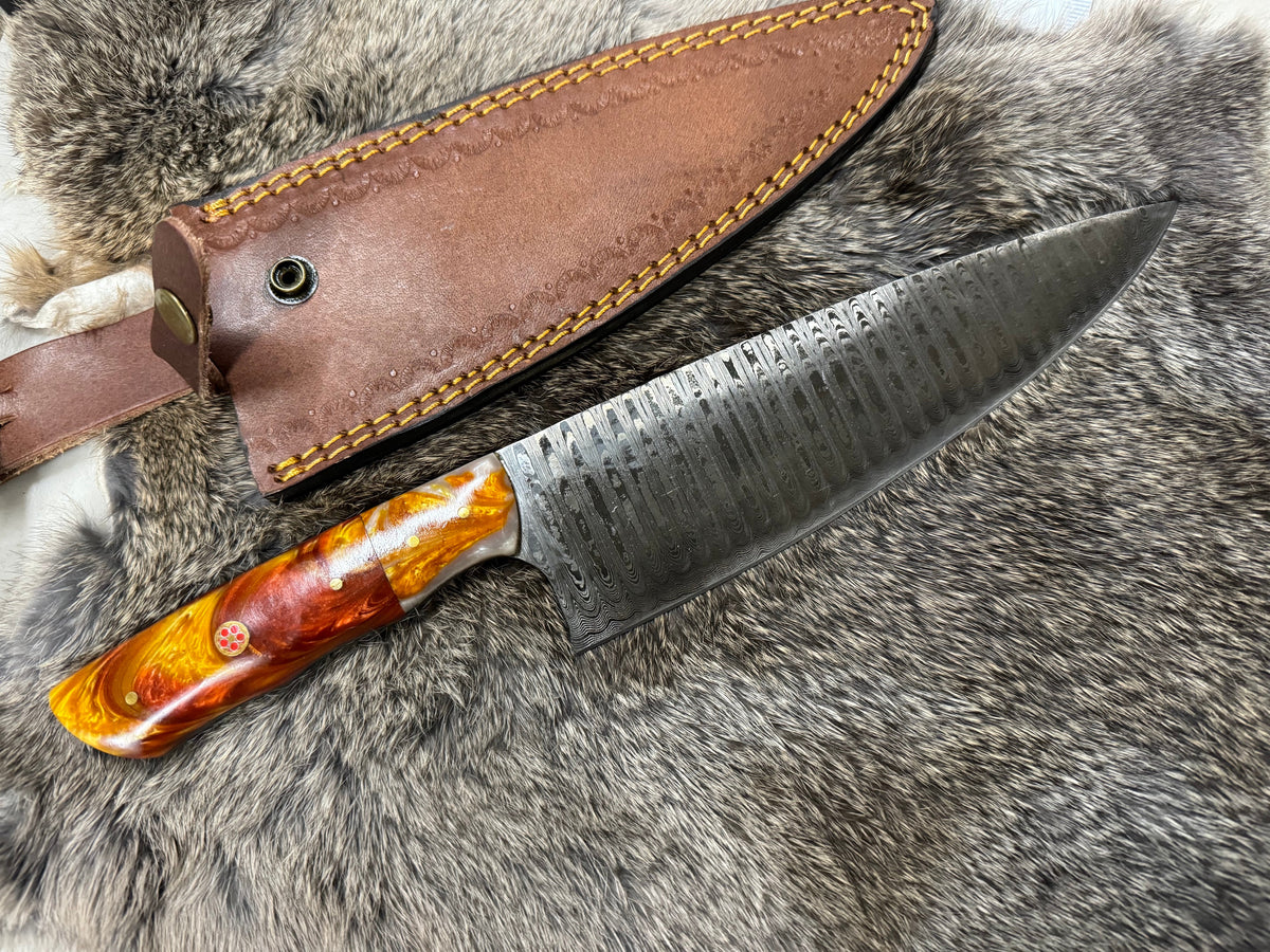 Damascus Steel Custom Chef Knife TK-104 with custom resin handle displayed on a dark surface