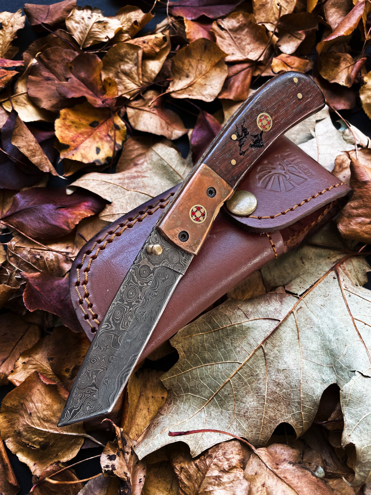 Damascus Steel Folding Knife Tanto Blade with Engraved Walnut Handle and Copper Bolster by Titan International K