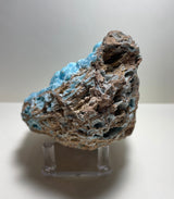 Botryoidal bright blue hemimorphite crystal formations partly embedded in a rough, porous brown matrix, displayed upright on a clear stand against a neutral background.