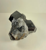 Cluster of dark black melanite garnet crystals with sharp geometric shapes embedded in translucent white quartz with some gray matrix on a neutral background.