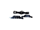 Black metal parts with distinct angular and curved shapes, featuring multiple small protrusions and cutouts, displayed against a solid black background.