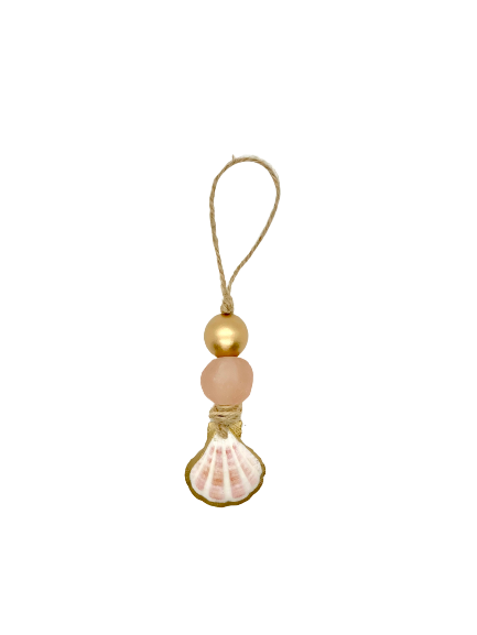 Blush Pink & Gold Scallop - Sea Glass Ornament hanging against a neutral background
