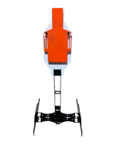 Metal shooting target stand holding an orange and white humanoid-shaped target with a black adjustable base on a black background.