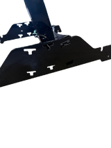 Black metal IDPA Harmonic Target and Signature Stand with multiple cutouts and interlocking parts, shown at a close angle against a dark background.