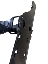 Black metal stand with multiple rectangular cutouts and brackets, angled diagonally on a black background.