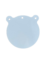 Light blue steel shooting target shaped like a round gong with three small square holes near the edge for mounting, on a black background.
