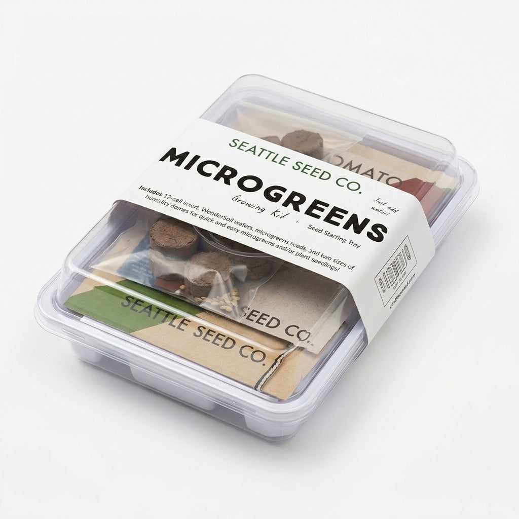 Microgreens and Seed-Starting Kit components arranged on countertop