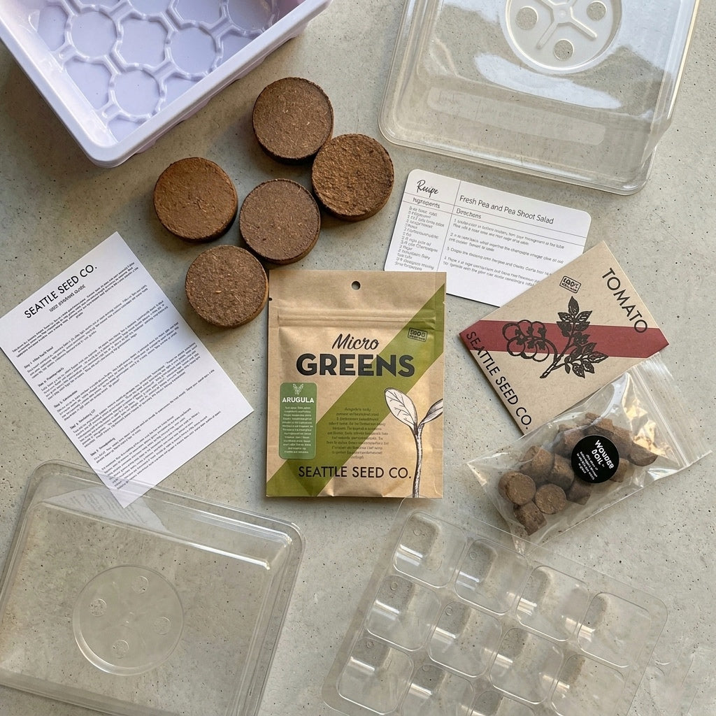 Seed-starting kit with six round soil pellets, clear plastic trays and covers, microgreens arugula packet, tomato seed packet, and instruction sheets on a flat surface.