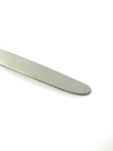 Close-up of the silver serrated edge of a Vibhsa Golden silverware dinner knife blade against a white background.