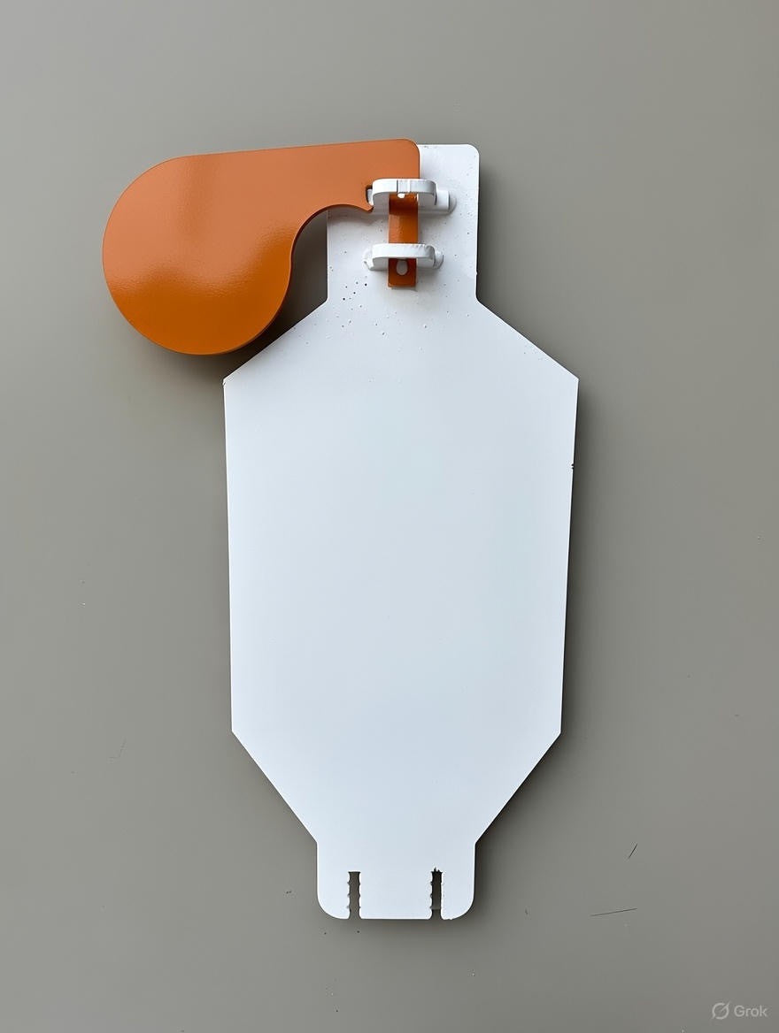 Steel silhouette shooting target in white with an attached rounded orange swinging side target on a plain gray background, front view.