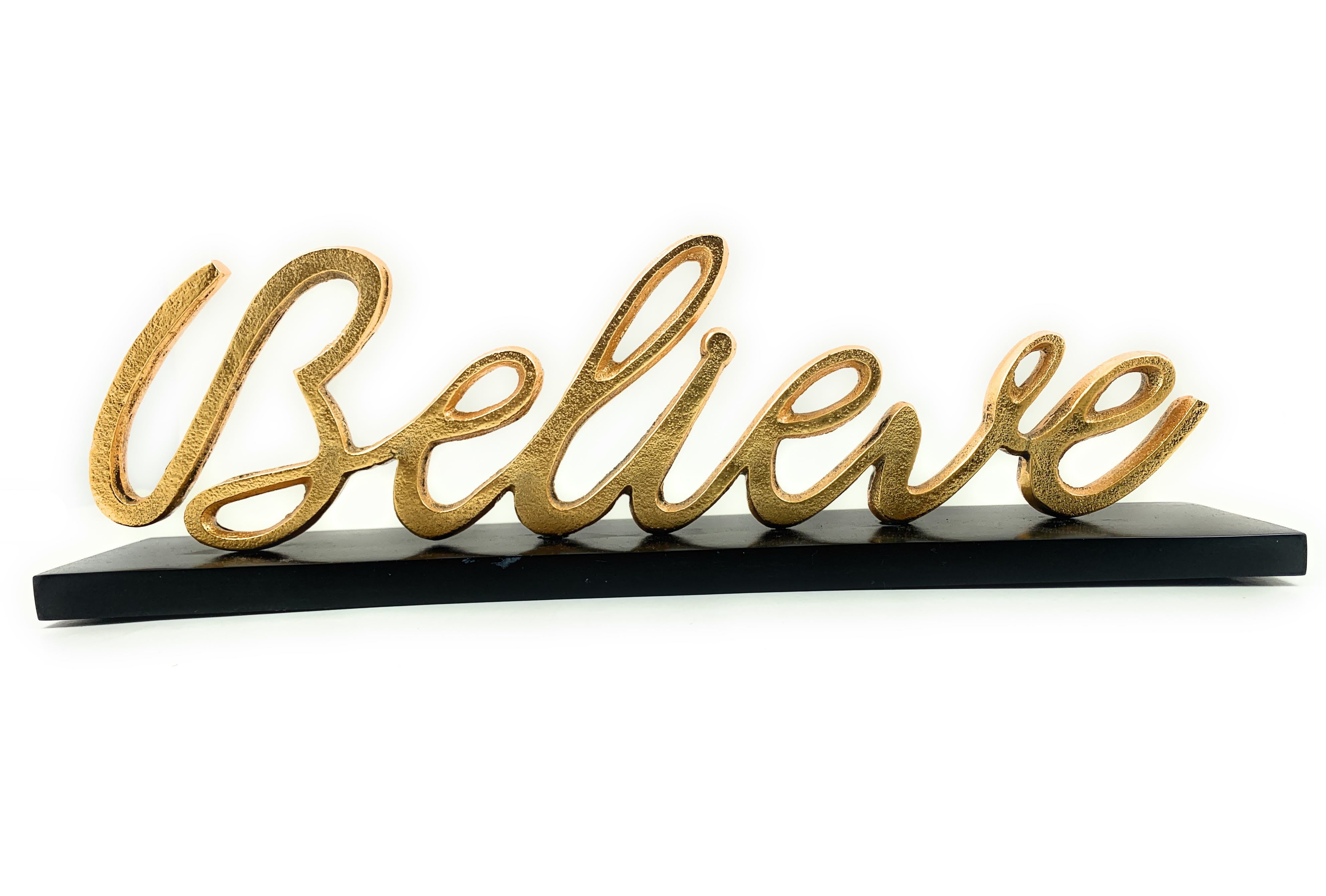 Believe Decorative Home Accent sculpture in rustic golden finish on a glossy black base