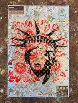 Fancy Faceless Liberty artwork showing hand silk screen and spray paint on NYC bike map with red floral accents.