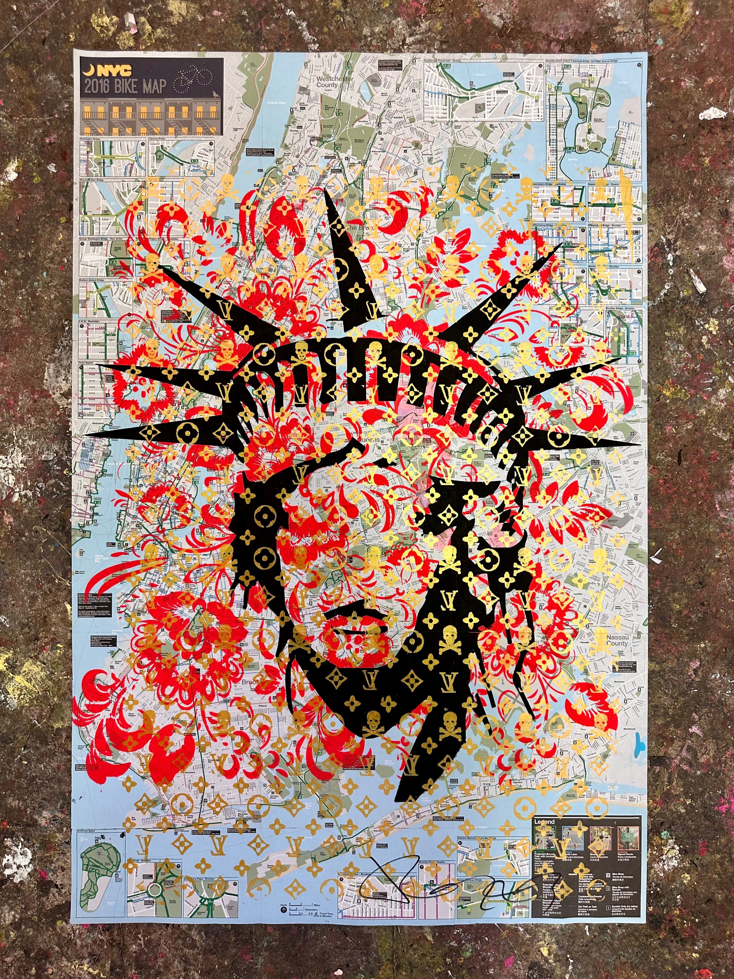 Fancy Faceless Liberty artwork showing hand silk screen and spray paint on NYC bike map with red floral accents.
