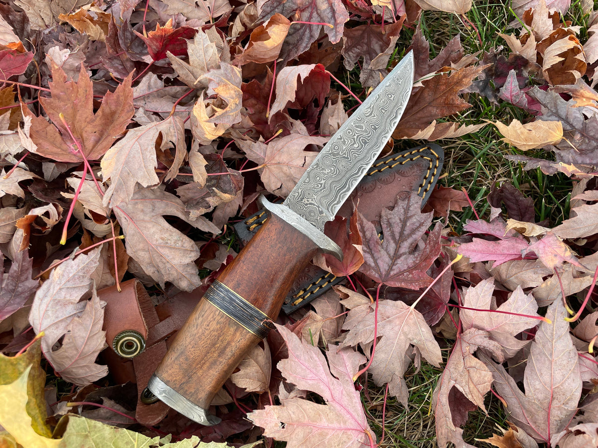 Ironwood Stalker TK-214 Damascus steel knife by Titan International Knives showing black walnut handle and Damascus blade.