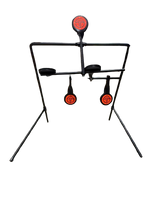 Black metal shooting target frame with three circular red and black metal spinning targets arranged in a T-shape against a black background