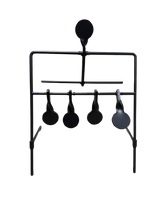 Metal shooting reset target with one large top paddle and four smaller lower paddles in black finish, mounted on a support frame against a black background.