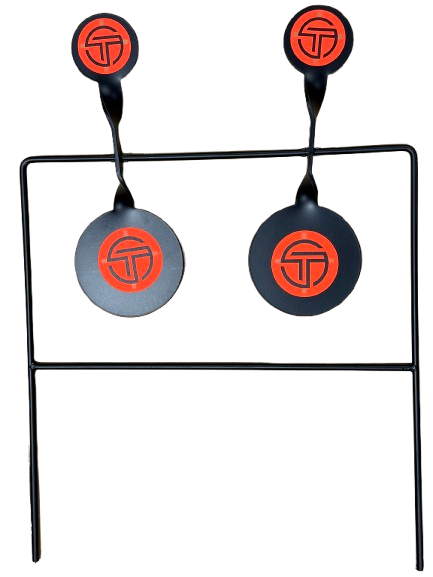 Centerfire Double shooting target system with dual spinning discs on steel frame