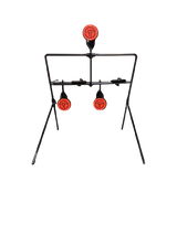 Black metal frame air rifle target stand with three round red reset targets, one at the top center and two hanging below, each marked with a black logo.