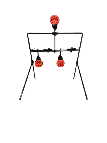Black metal frame air rifle target stand with three round red reset targets, one at the top center and two hanging below, each marked with a black logo.