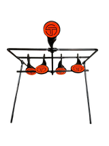 Black metal air rifle target frame with five circular orange targets, each featuring a black stylized T logo, arranged with one large top target and four smaller bottom targets.