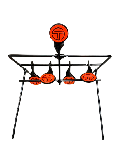 Black metal air rifle target frame with five circular orange targets, each featuring a black stylized T logo, arranged with one large top target and four smaller bottom targets.