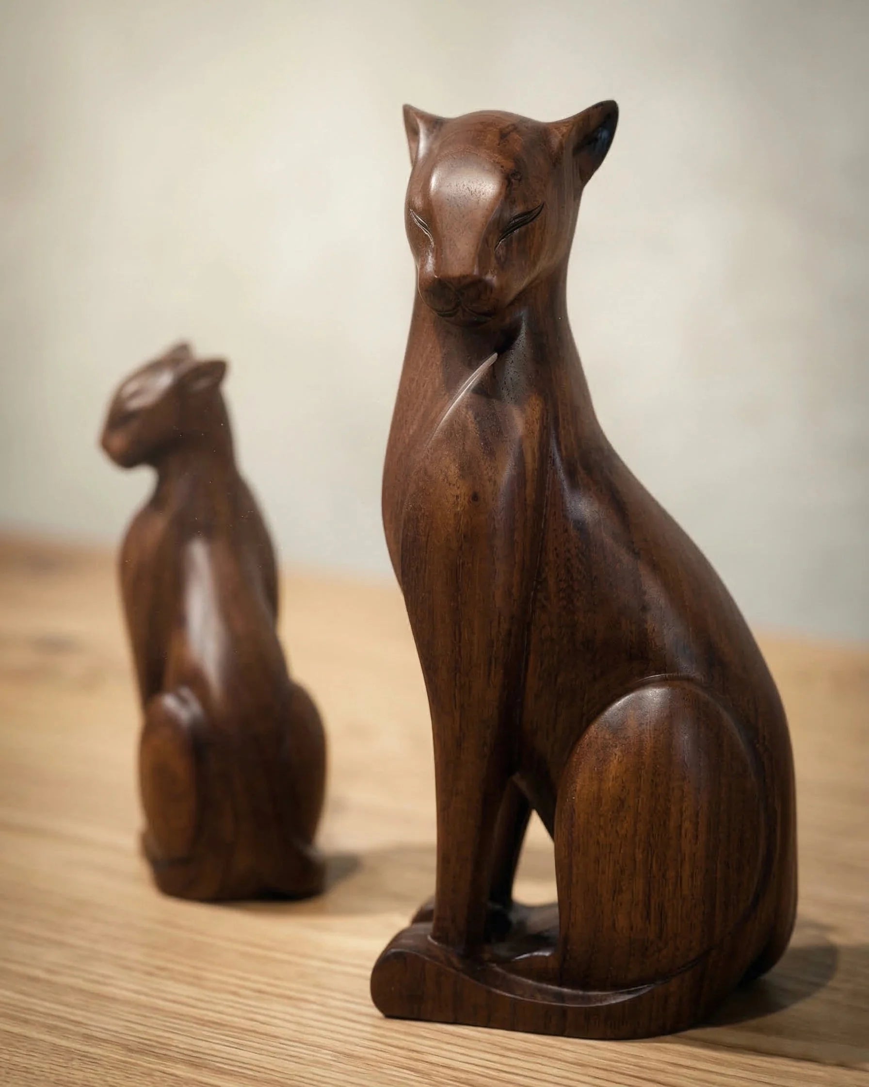 Handcrafted wooden wild cat figure in natural wood finish