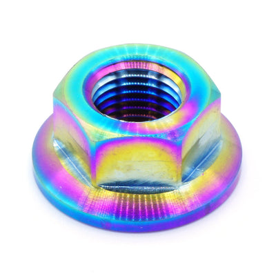 M12 x 1.25 Titanium Nut in various finishes including Polished, Gold, Cosmic Burn, Purple, Blue, and Black