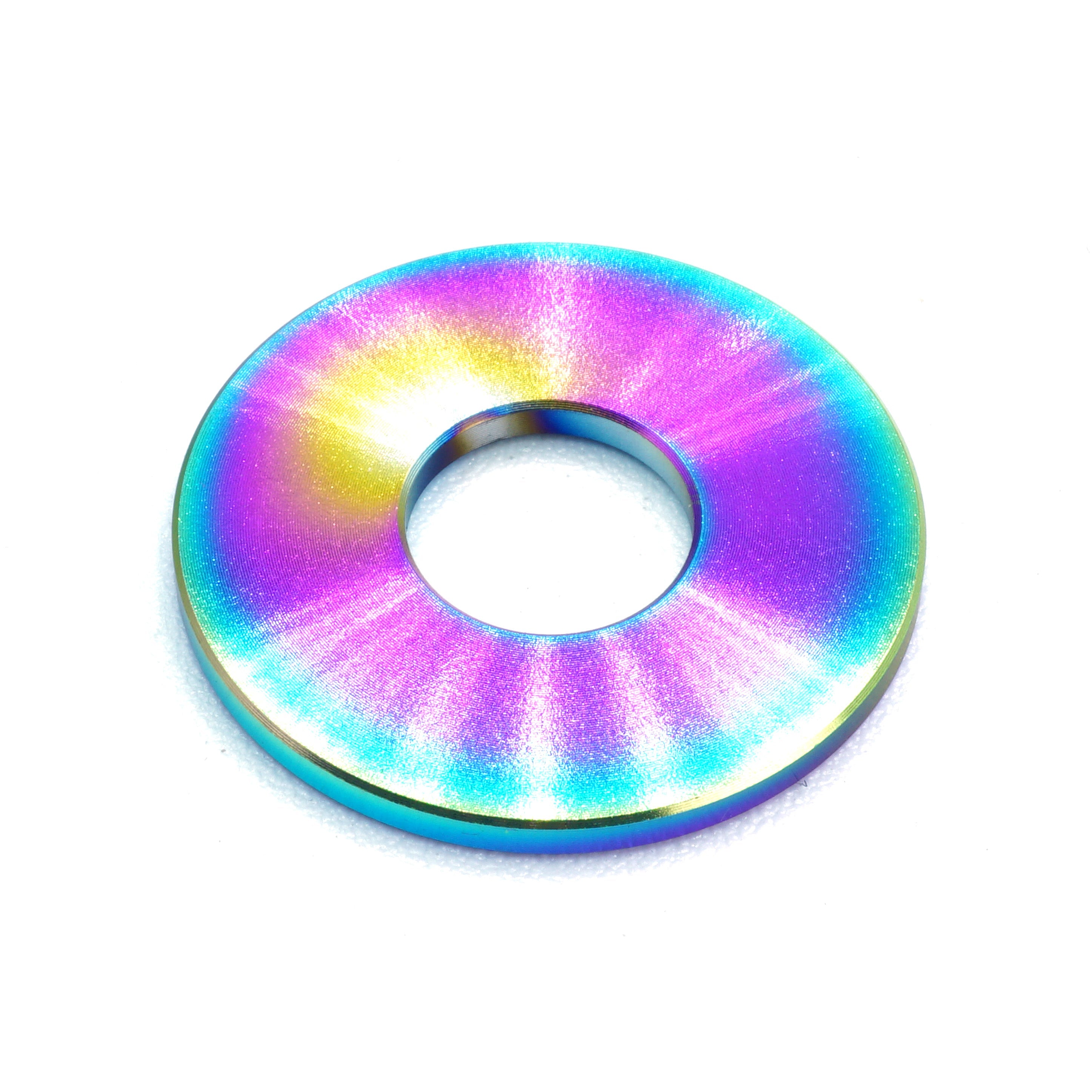 M8 Titanium Washer in various finishes including Polished, Blue, Gold, Cosmic Burn, Purple, Black, and Oil Slick