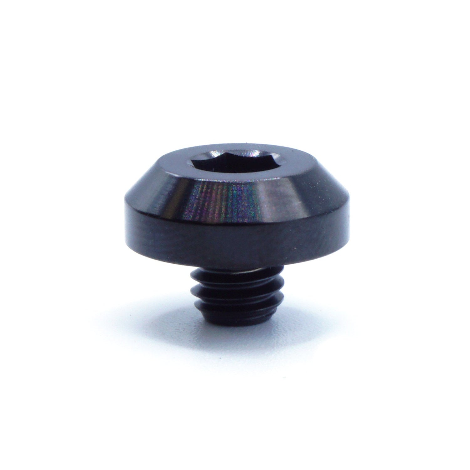 M6 x 1.00 x 5mm Titanium Motor Head Bolt in various finishes including polished, black, blue, gold, purple, and cosmic burn