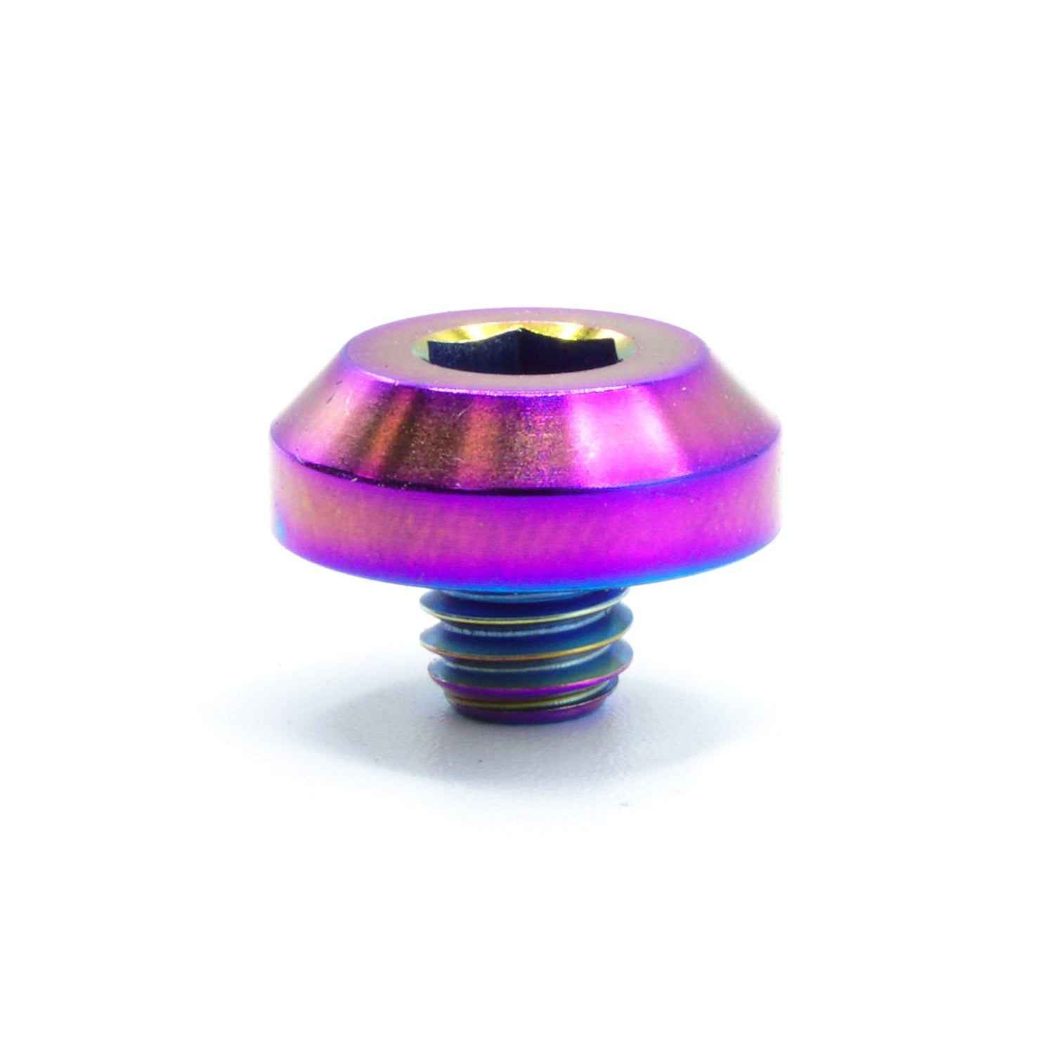 M6 x 1.00 x 5mm Titanium Motor Head Bolt in various finishes including polished, black, blue, gold, purple, and cosmic burn