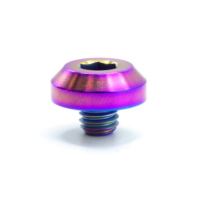 M6 x 1.00 x 5mm Titanium Motor Head Bolt in various finishes including polished, black, blue, gold, purple, and cosmic burn