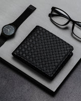 Folded Wallet - Classic Japan Edition - AJIRO showing black deer skin leather with woven detail