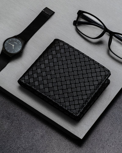 Folded Wallet - Classic Japan Edition - AJIRO showing black deer skin leather with woven detail