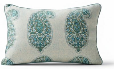 Isfahan Paisley Pillow Cover in blue green floral paisley pattern with natural linen back
