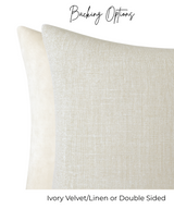 Two rectangular pillows showing backing options, one in textured greige linen and the other in smooth ivory velvet, arranged overlapping against a white background.
